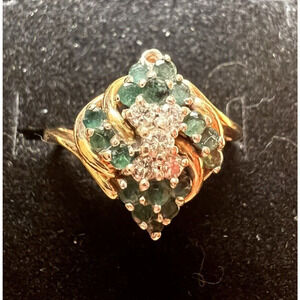 Vintage Emerald and Diamond Cocktail 14 Kt Gold Ring Women's Size 7